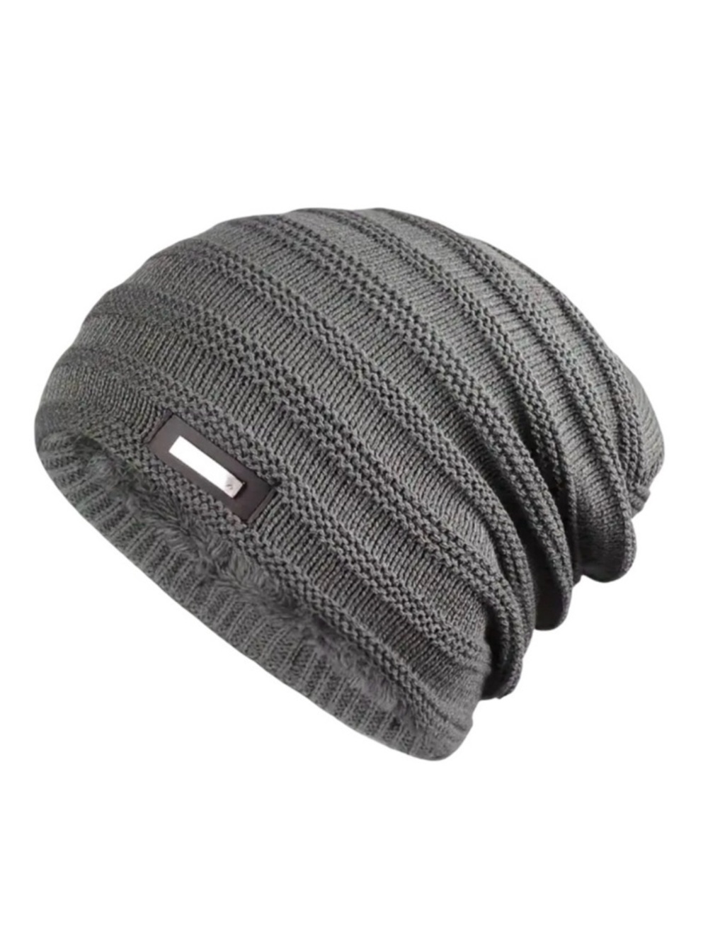 Cozy Grey Fleece Lined Knit Beanie Winter Hat Unisex Soft Warm Acrylic NWT